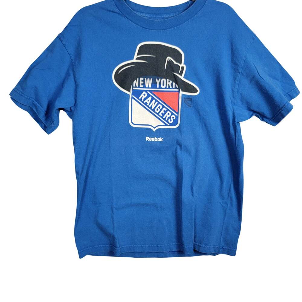 Reebok New York Rangers Mascot Hat Logo Graphic Tee Mens Large Blue NHL